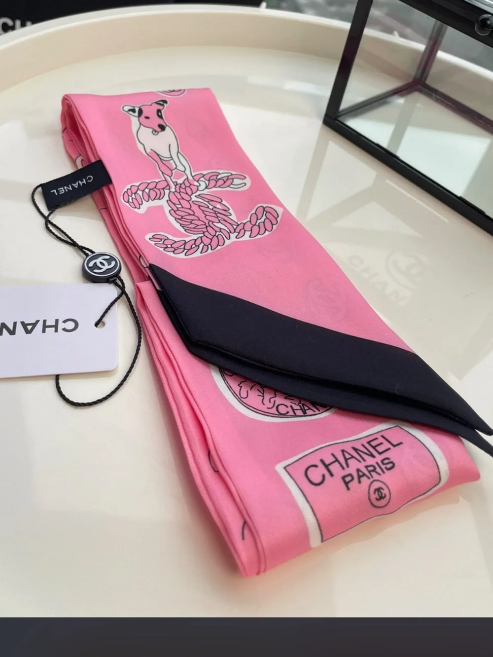 Double C Designer Pink Black Letter Logo Dog Twilly Silk Scarf